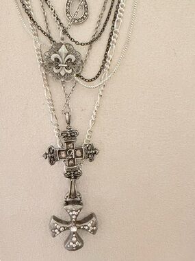 Alchemy Gothic Multi Strand Necklace Cross Fleur de Lis Rhinestone Statement
